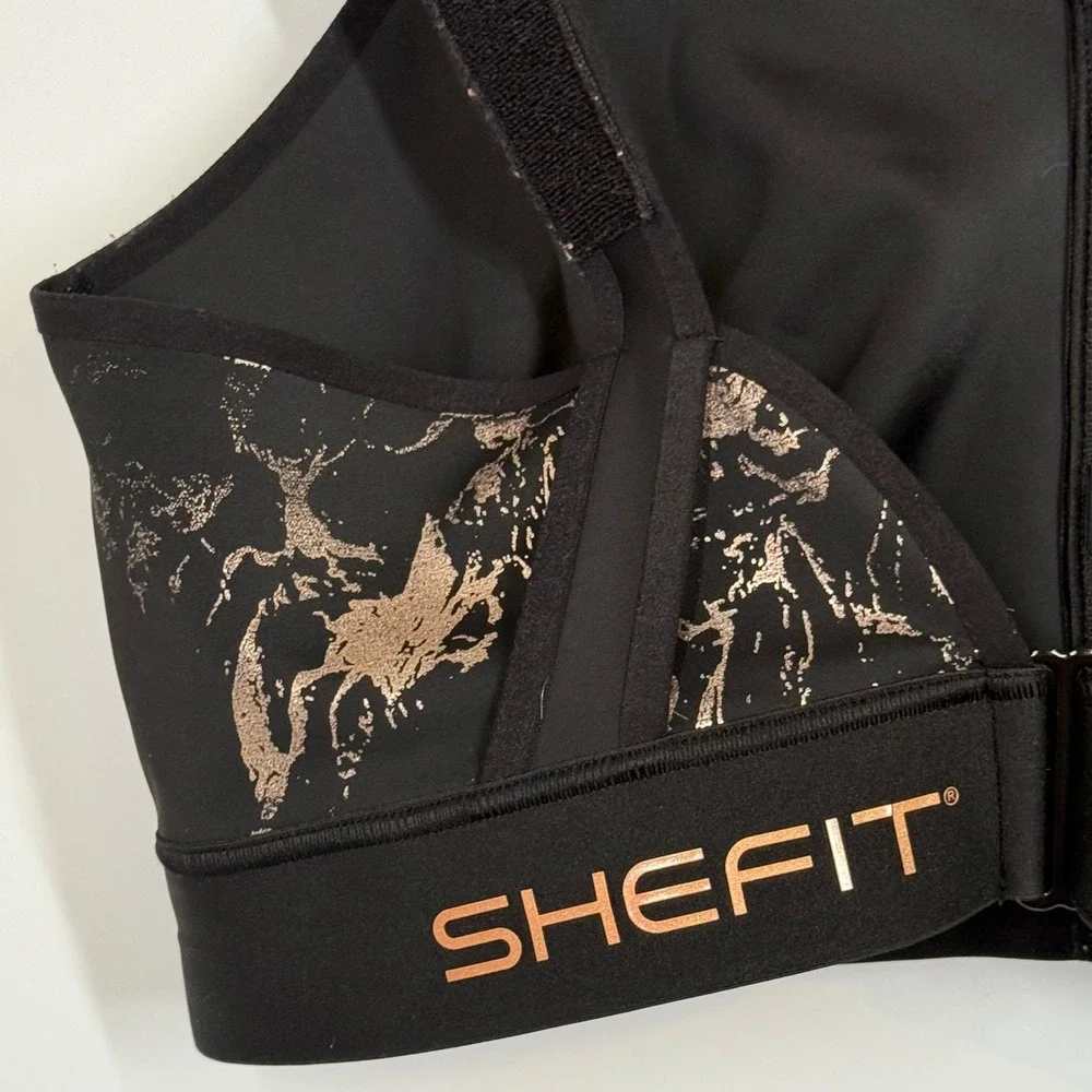 SHEFIT‎ Flex Black Sports Bra Front Zip High Impact Marble Rose Gold Sz 4Luxe